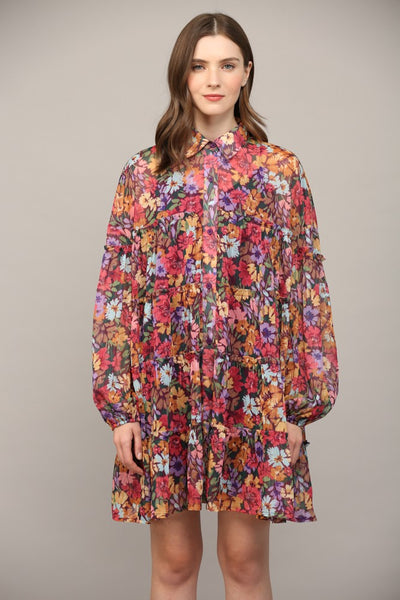 Floral Lurex Chiffon Tiered Shirt Dress