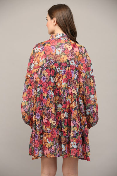 Floral Lurex Chiffon Tiered Shirt Dress