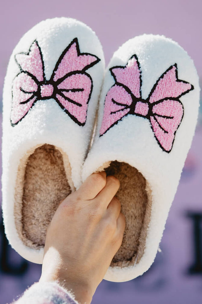 Bowknot Pattern Fuzzy Winter Home Slippers