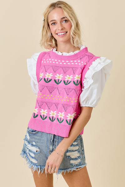 Floral Vest w/ Poplin Puff Sleeves
