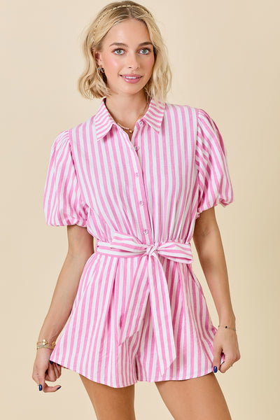 Collared Striped Romper W/ Bubble Sleeves