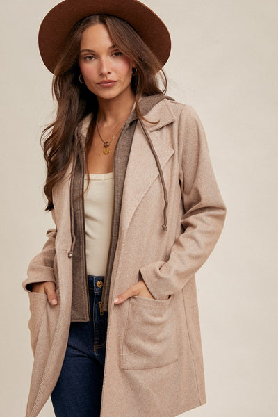 Faux Hoodie Herringbone Tow-Fer Coat