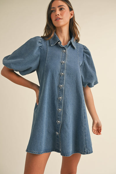 Denim Puff Sleeve Button Mini Dress