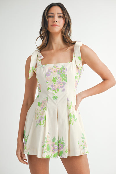 Floral Print Shoulder Self Tie Romper
