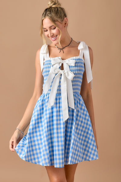 Bow Detail Smocked Plaid Mini Dress