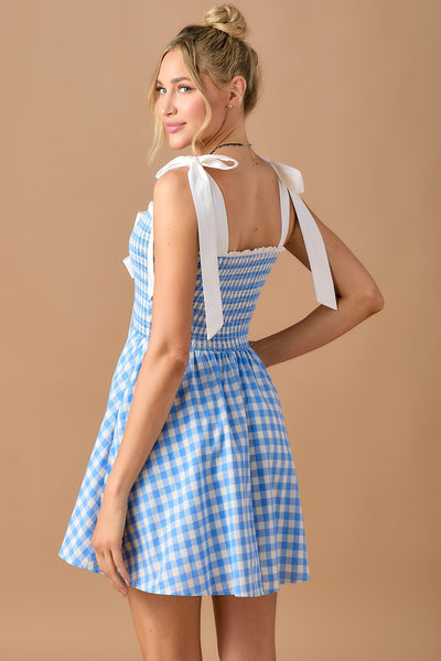 Bow Detail Smocked Plaid Mini Dress