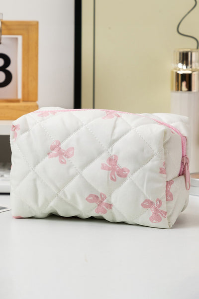 Sweet Bowknot Print Quilted Zipper Cosmetic Bag