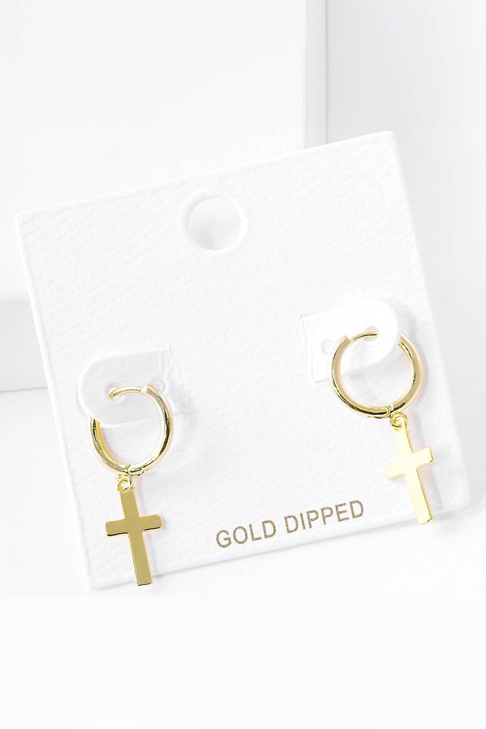 Gold Dipped Cross Dangle Huggie Hoop Earrings