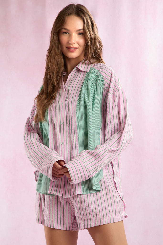 Stripe Mixed Shirring Detail Shirt