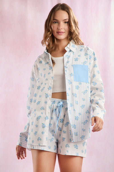 Stripe & Floral Button Down Poplin Top