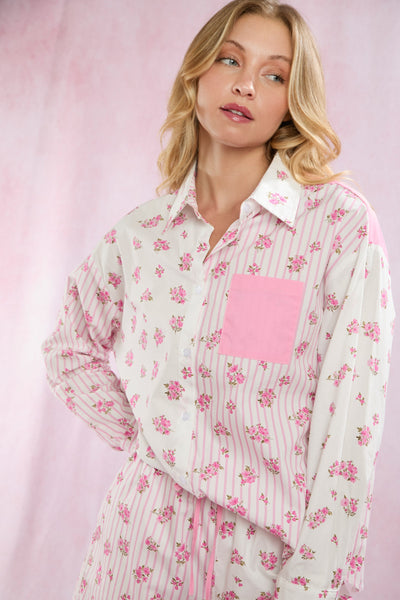 Stripe & Floral Button Down Poplin Top