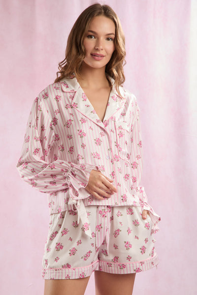 Stripe & Floral Prints Satin Pajama Set