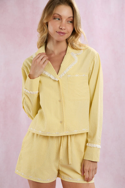 Seersucker Stripe Bow Embroidery Pajamas Set