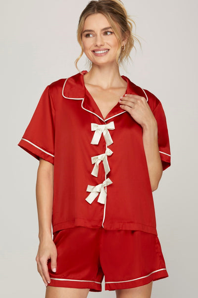 Satin Contrast Ribbon & Piping Pajama Set