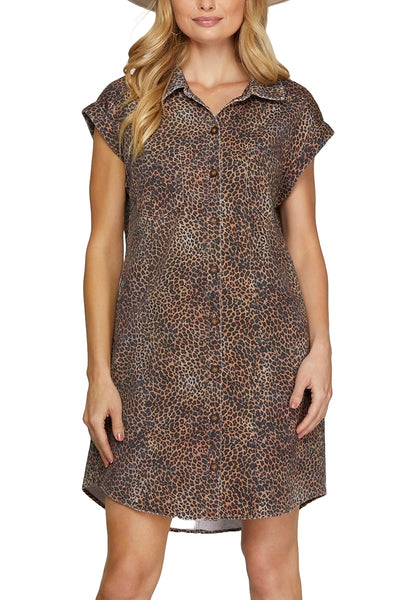 Leopard Twill Washed Shirt Dress