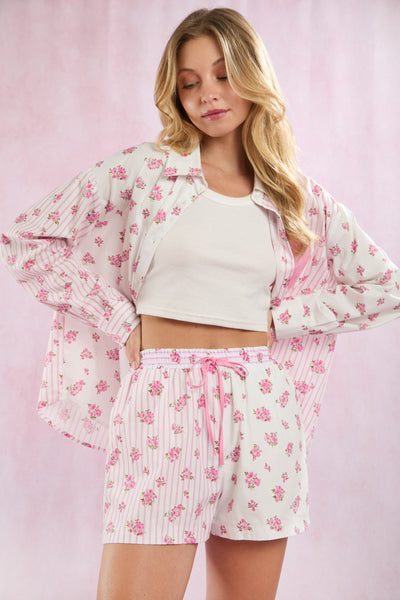 Stripe & Floral Drawstring Poplin Shorts