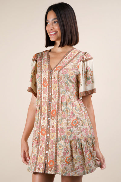 Shirring Detail Printed Woven Mini Dress