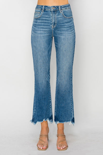 Risen High Rise Crop Flare Fray Hem Jeans