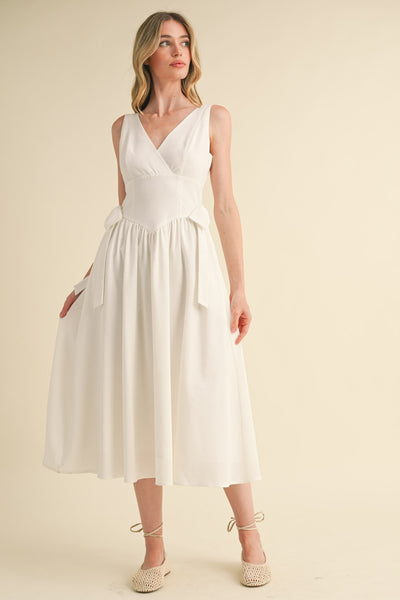 Side Bow Detail Basque Waist Midi Dress