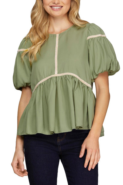 Short Sleeve Trim Detail Woven Top