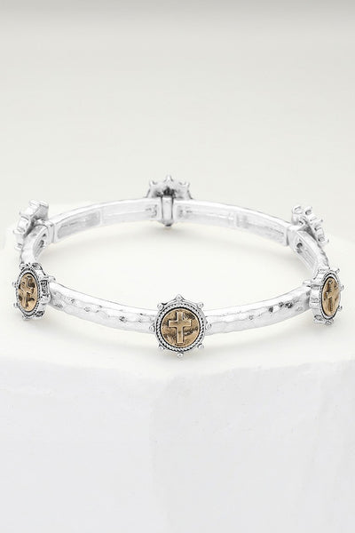 Worn Silver Stretch Bracelet With Gold Cross Coins