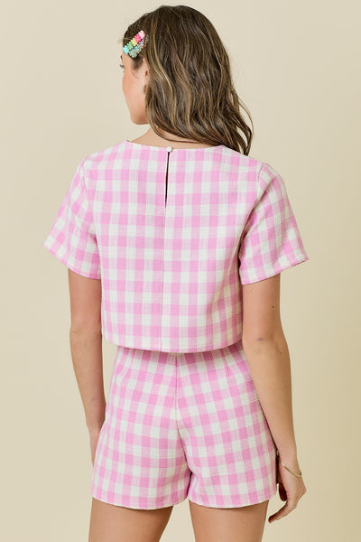Gingham Tweed Short Sleeve Cropped Top