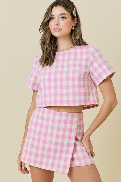 Gingham Tweed Short Sleeve Cropped Top