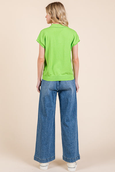 Solid Short Sleeve Polo V-Neck Top