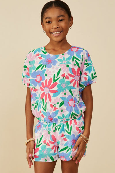 Girls Textured Floral Puff Sleeve Dolman Top