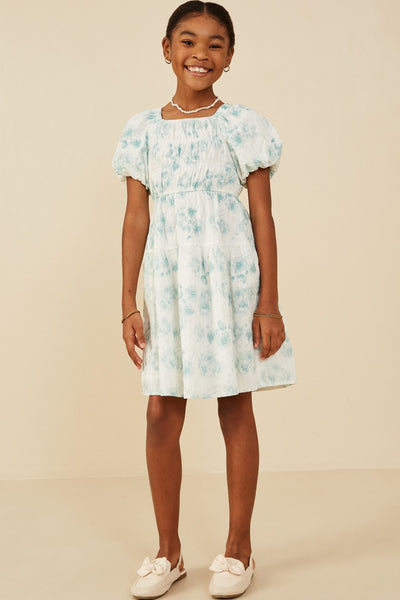 Girls Textured Floral Puff Sleeve Self Tie Dress
