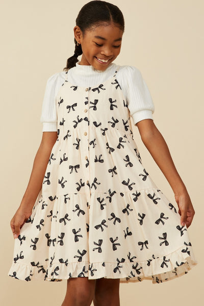 Girls Bow Print Tiered Tank Dress