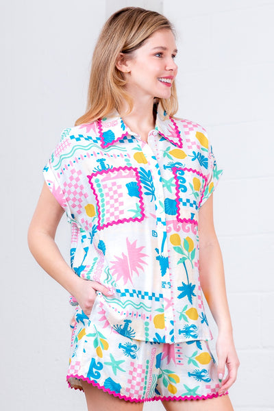 Printed Button Down Top & Shorts Set
