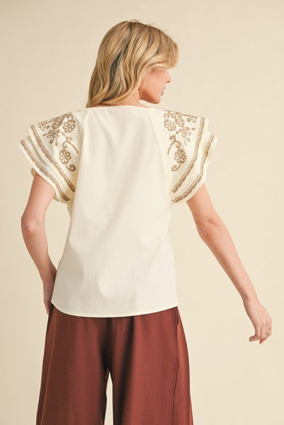 Floral Embroidery Flutter Sleeves Top