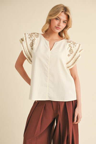 Floral Embroidery Flutter Sleeves Top