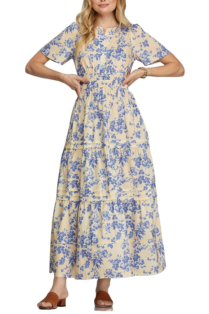 Pintuck Flower Print Woven Maxi Dress