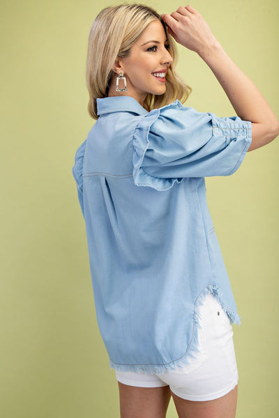 Ruffled Gathered Sleeve Button Up Top