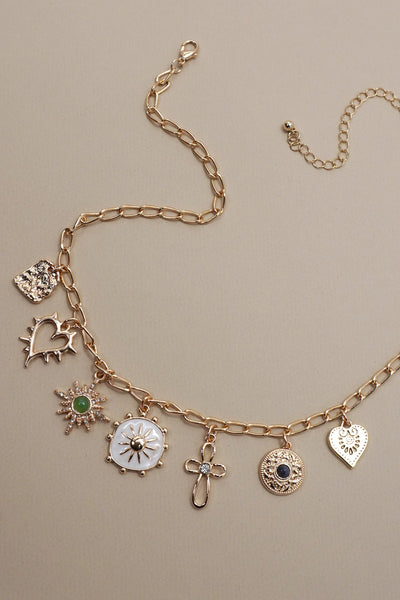 Heart Cross Sunburst Charms Gold Necklace
