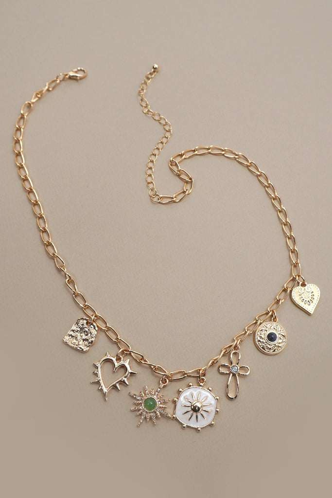Heart Cross Sunburst Charms Gold Necklace