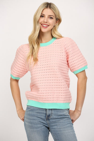 Puff Sleeve Contrast Band Sweater Top