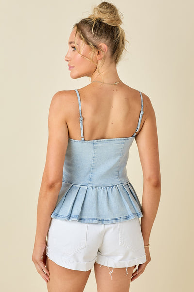 Pleated Peplum Style Denim Camisole Top