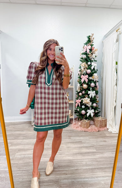 Plaid Pattern Puff Sleeve Mini Dress