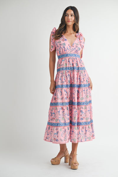 Floral Print Tiered Midi Dress W/ Shoulder Tie