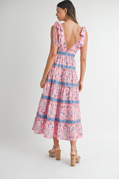 Floral Print Tiered Midi Dress W/ Shoulder Tie