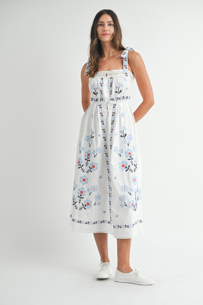 Floral Embroidered Shoulder Strap Midi Dress