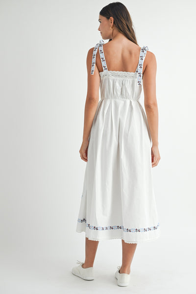 Floral Embroidered Shoulder Strap Midi Dress