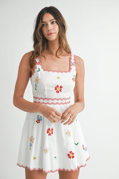Floral Embroidered Square Neckline Mini Dress