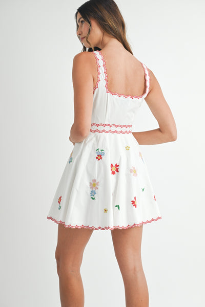 Floral Embroidered Square Neckline Mini Dress