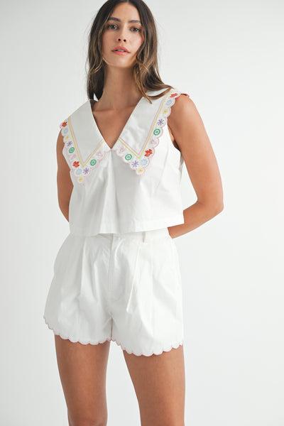 Embroidered Collar Crop Top & Shorts Set