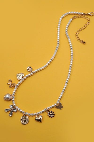 Bow Sunflower Heart Pearl Charms Pearl Necklace