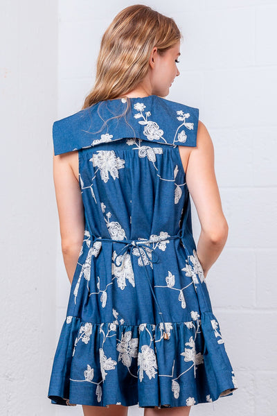 Denim Floral Embroidery Button Down Dress